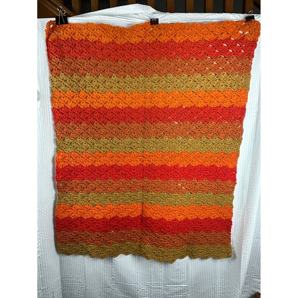 Vintage 1970s Crochet Afghan Blanket Orange Avocado Green Brown Retro 39x32